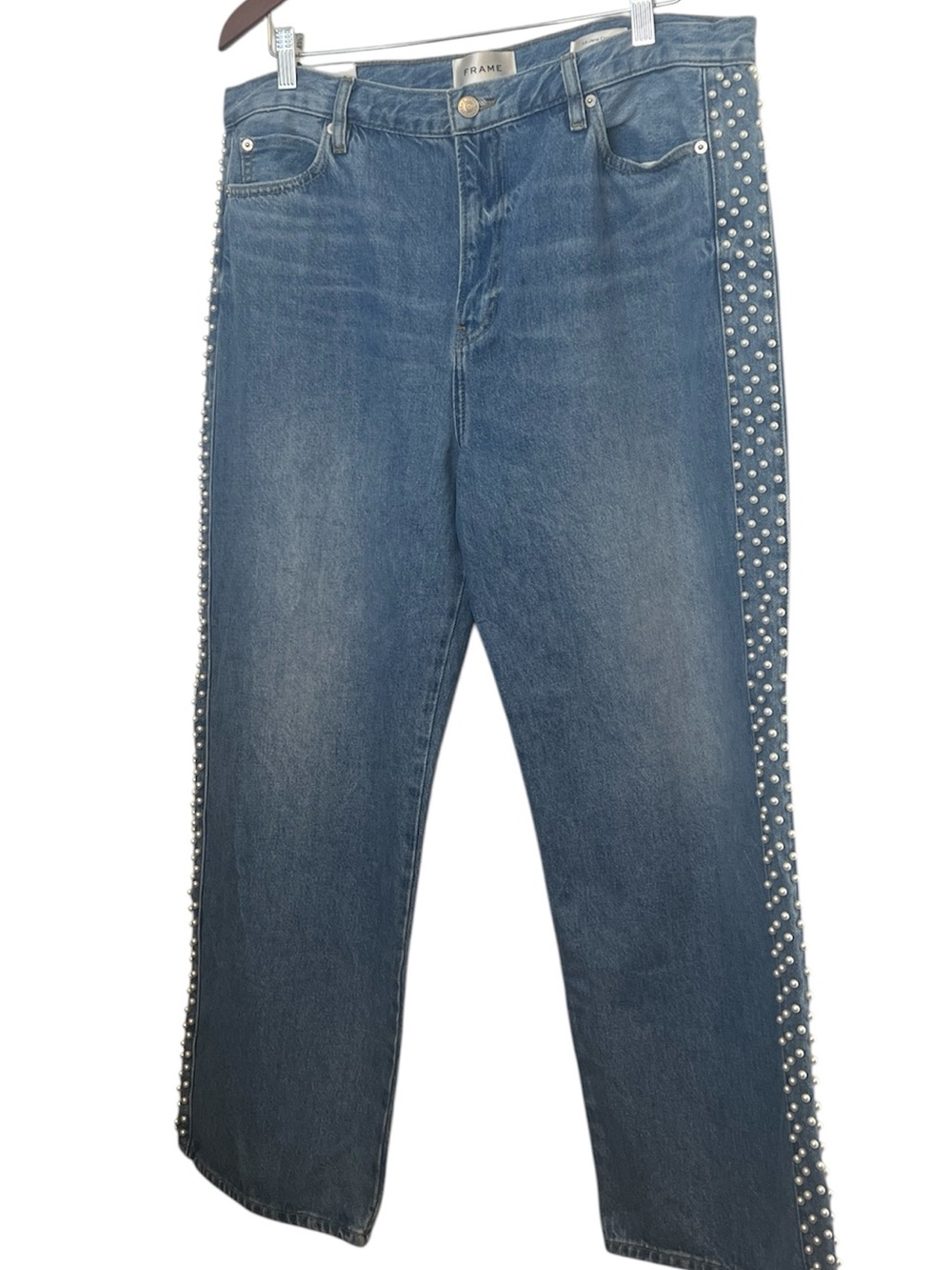 ⭐️NWOT Frame Atelier Le Jane Cropped Side Pearl beaded Side Wide leg Jeans 32